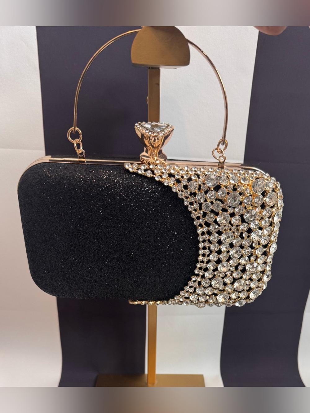 Black Crystal Cascade Evening Clutch with Gold Accent